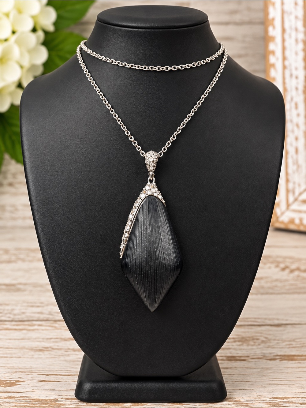 Alexis Bittar Carved Black Lucite Crystal Sculptural Pendant Necklace
